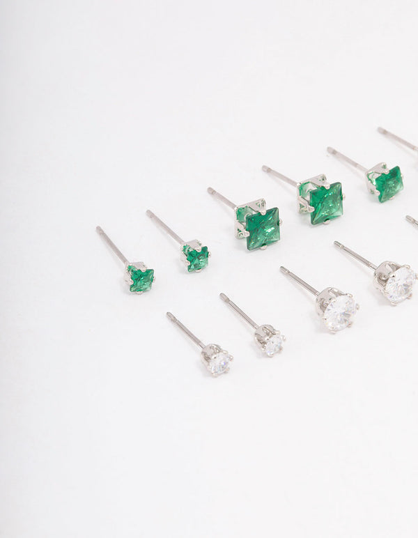 Silver Cubic Zirconia Round & Square Stud Earrings 12-Pack