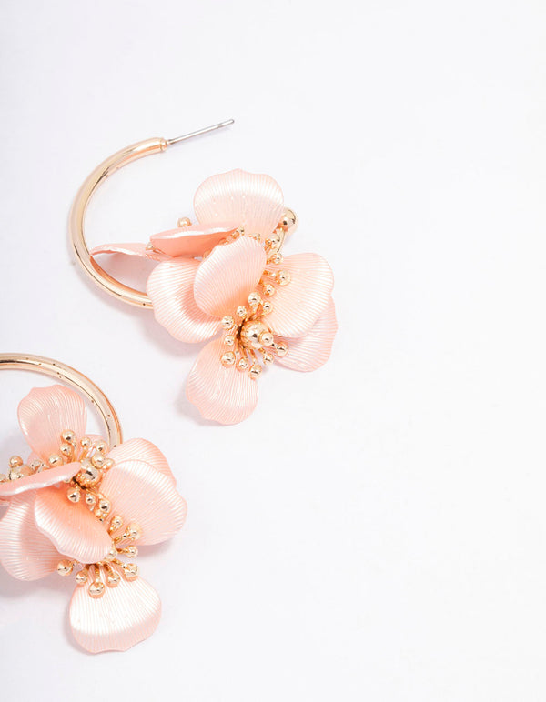 Gold Smooth Hoop Flower Huggie Earrings