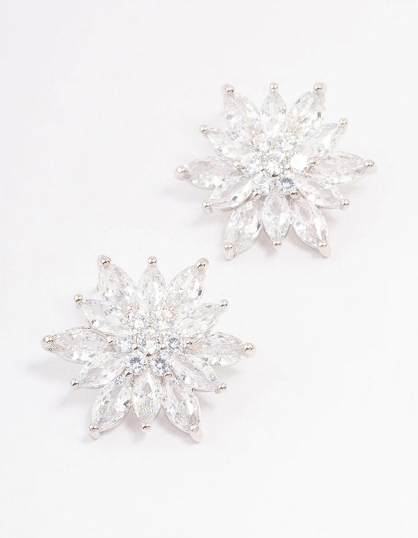 Silver Cubic Zirconia Flower Stud Earrings