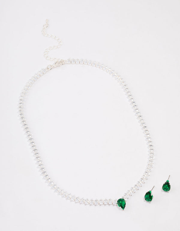 Silver Emerald Navette Jewellery Set