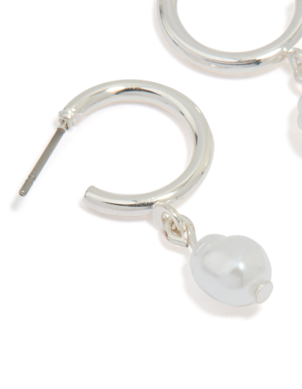 Silver Pearl Drop Huggie Earrings