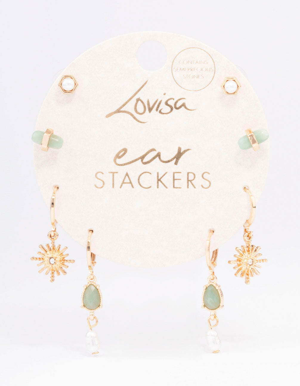 Gold Green Aventurine Celestial & Pearly Earring 4-Pack