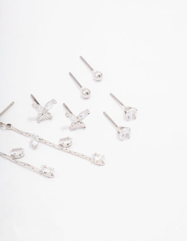Silver Cubic Zirconia Butterfly & Petal Earring 4-Pack