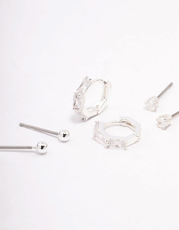 Silver Plated Brass  Baguette Huggie Earring 3-Pack