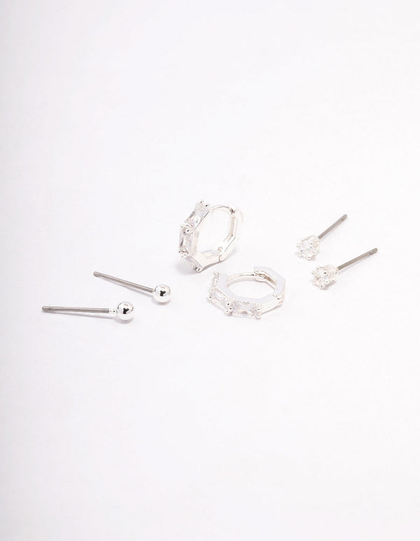 Silver Plated Brass  Baguette Huggie Earring 3-Pack