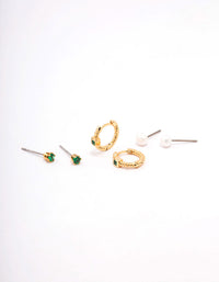 Gold Plated Brass Cubic Zirconia Huggie Pearl Earring 3-Pack - link has visual effect only