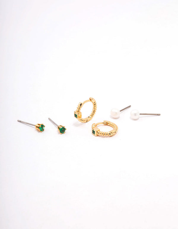 Gold Plated Brass Cubic Zirconia Huggie Pearl Earring 3-Pack