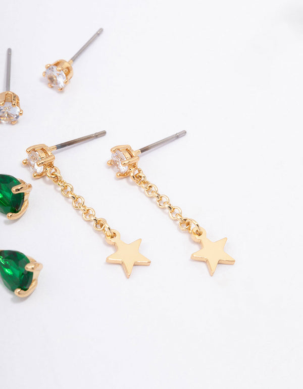 Gold Plated Brass Star Chain Earring 3-Pack