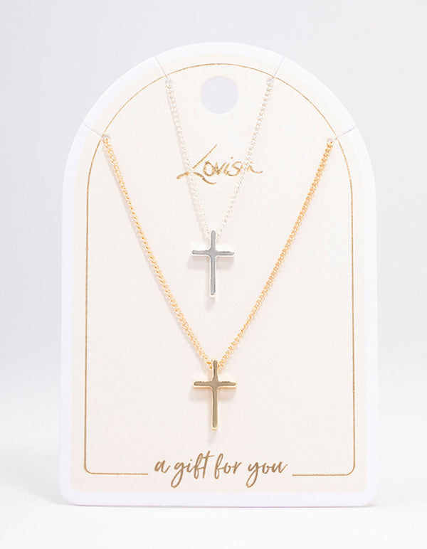 Mixed Metal Plain Cross Necklace Pack