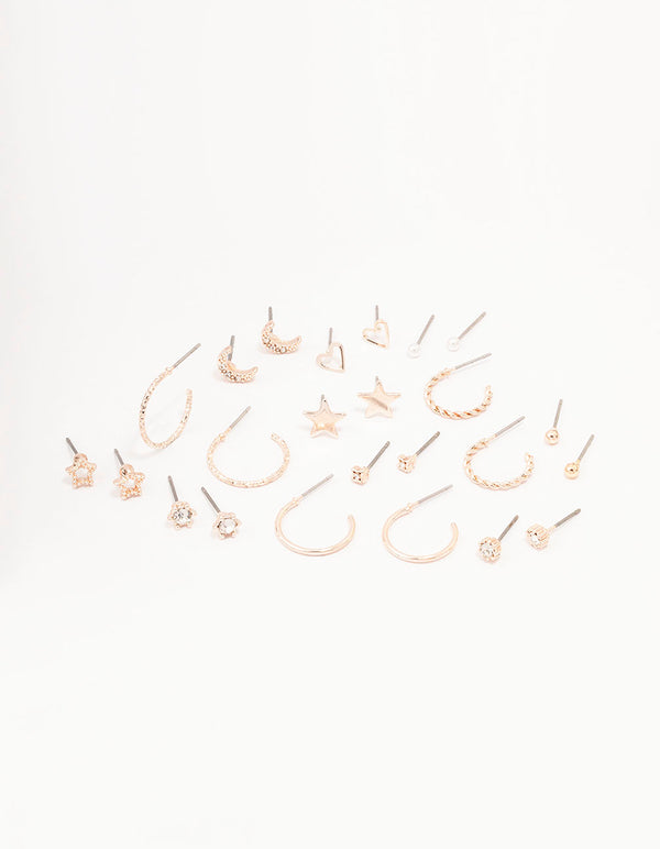 Rose Gold Celestial Heart Stud Earrings 12-Pack