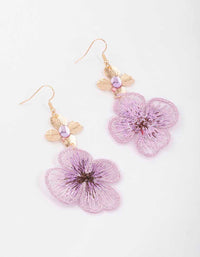 Gold Purple Fabric Flower Drop Earrings - link has visual effect only