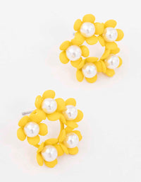 Yellow Flower & Pearl Circular Stud Earrings - link has visual effect only