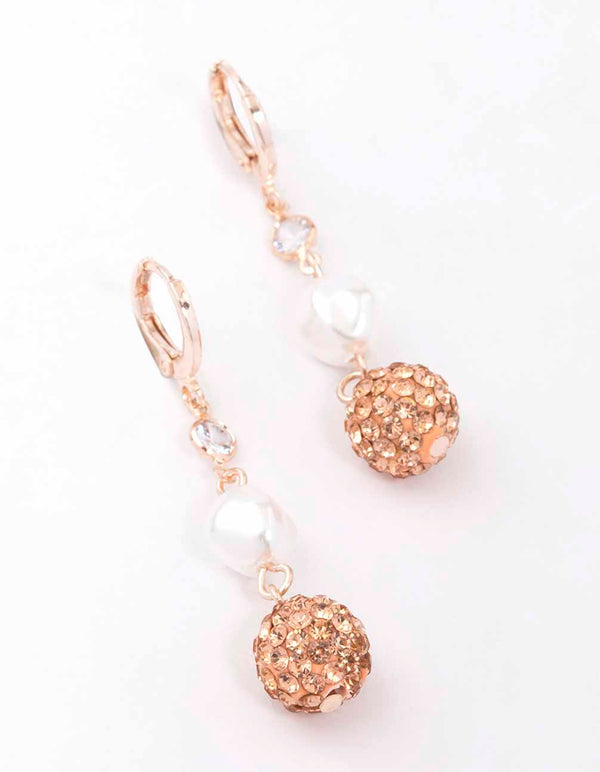 Pink Pearl & Fireball Drop Huggie Earrings