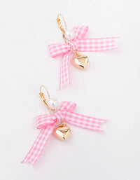 Gold Pink Gingham Bow & Heart Drop Earrings - link has visual effect only