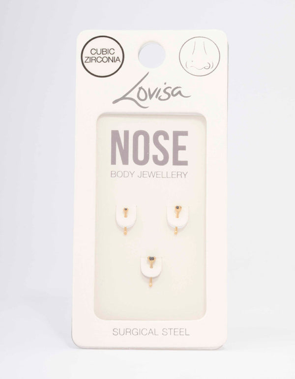 Gold Plated Surgical Steel Graduating Cubic Zirconia Nose Piercing 3-Pack