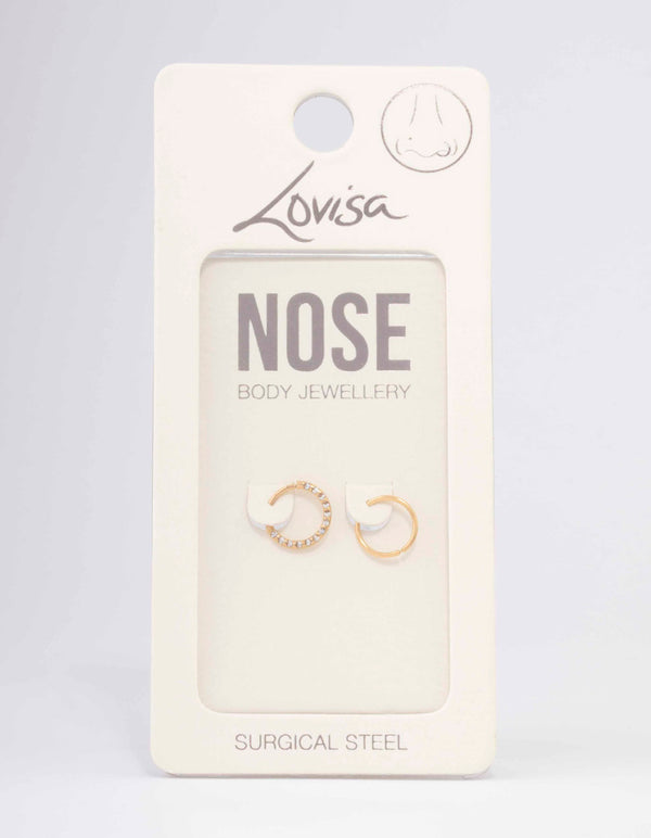 Gold Plated Surgical Steel Cubic Zirconia Textured Nose Ring Pack