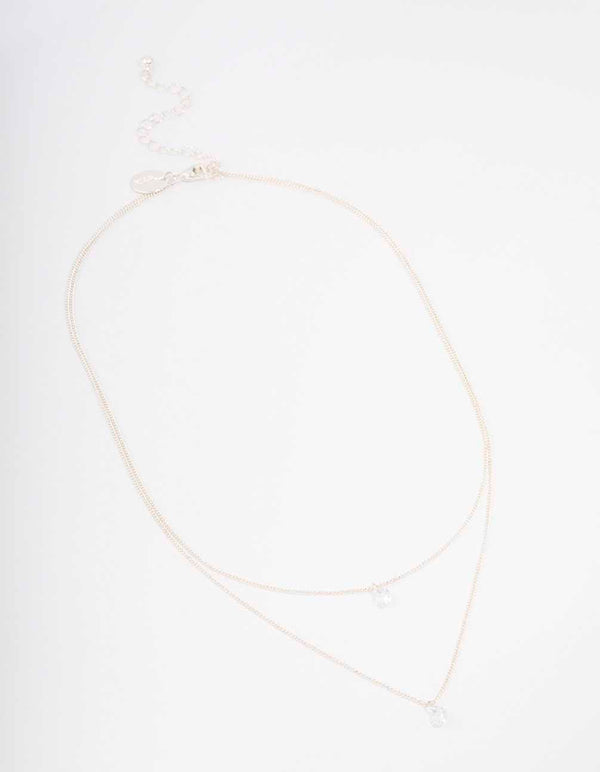 Silver Double Chain Floating Diamante Necklace