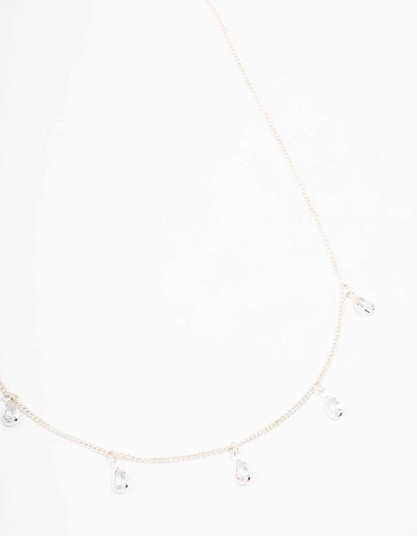 Silver Pearl Floating Diamante Droplet Necklace