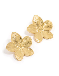 Waterproof Gold Plated Stainless Steel Textured Flower Stud Earrings - link has visual effect only