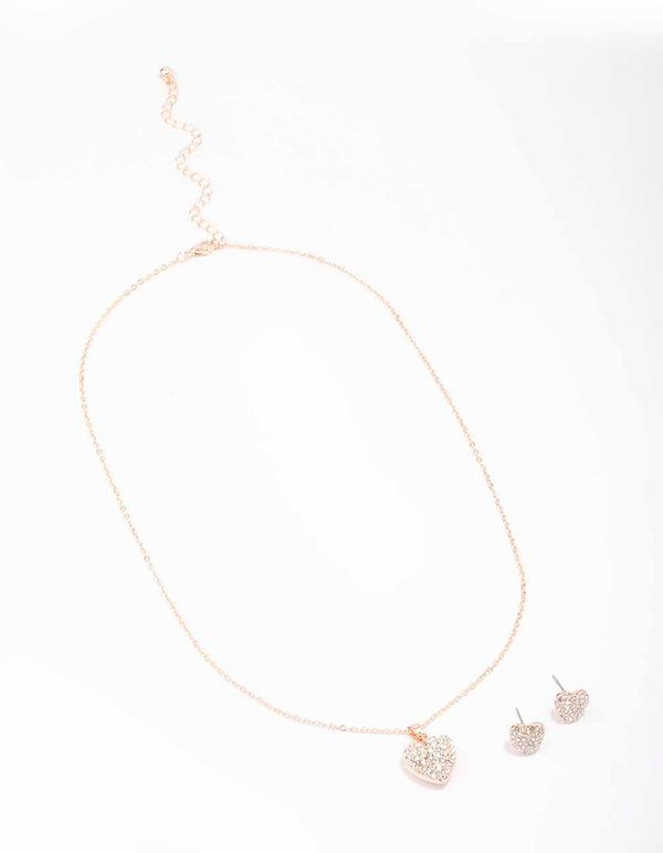 Rose Gold Diamante Heart Necklace & Stud Earring Set