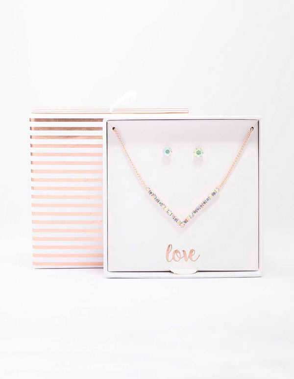 Rose Gold Cubic Zirconia V-Shaped Necklace & Stud Earring Set