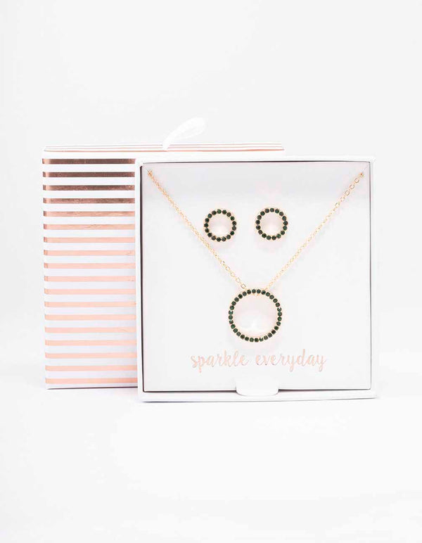 Gold Diamante Open Circle Necklace & Stud Earring Set