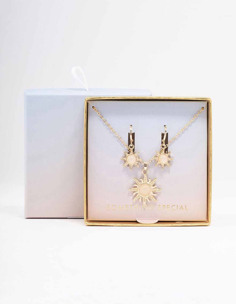 Gold Semi-Precious Sun Necklace & Drop Earring Set