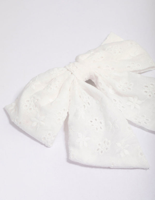 White Fabric Embroidered Hair Bow Clip