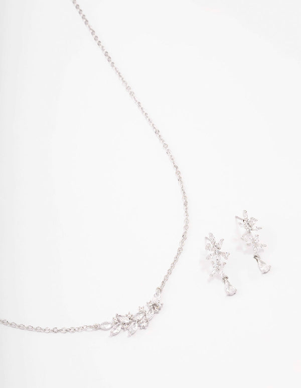 Silver Dainty Sparkle Flower Necklace & Earring Set