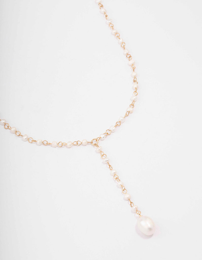 Gold Plated Large Pearl Y-Shaped Pendant Necklace