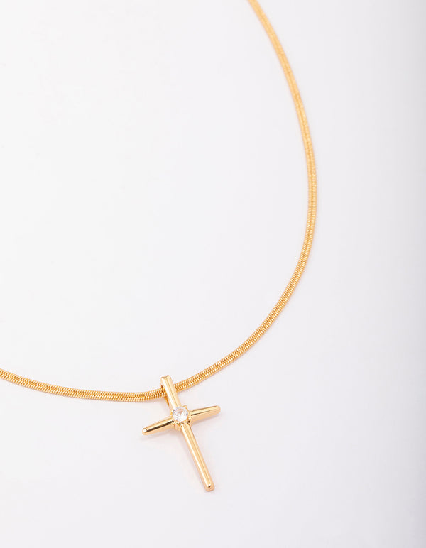 Gold Plated Cubic Zirconia Pointed Cross Pendant Necklace