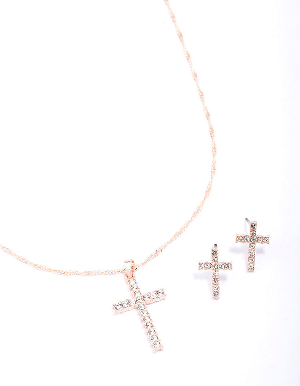 Rose Gold Diamante Cross Jewellery Set