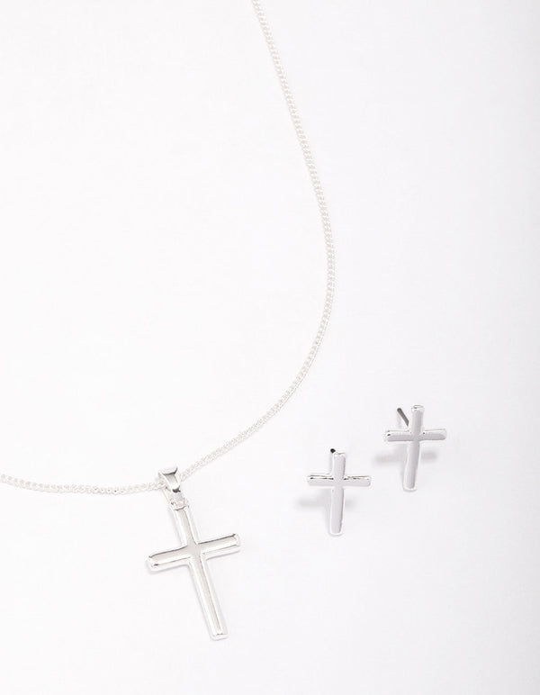 Silver Plain Cross Jewellery Set