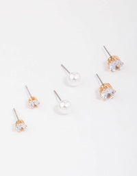 Gold Pearl & Diamante Stud Earring 3-Pack - link has visual effect only