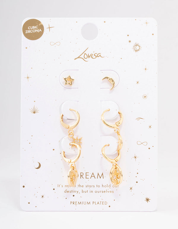 Gold Plated Celestial Cubic Zirconia Earring 3-Pack