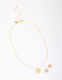 Gold Plated Cubic Zirconia Pave Heart Necklace & Earring Jewellery Set - link has visual effect only