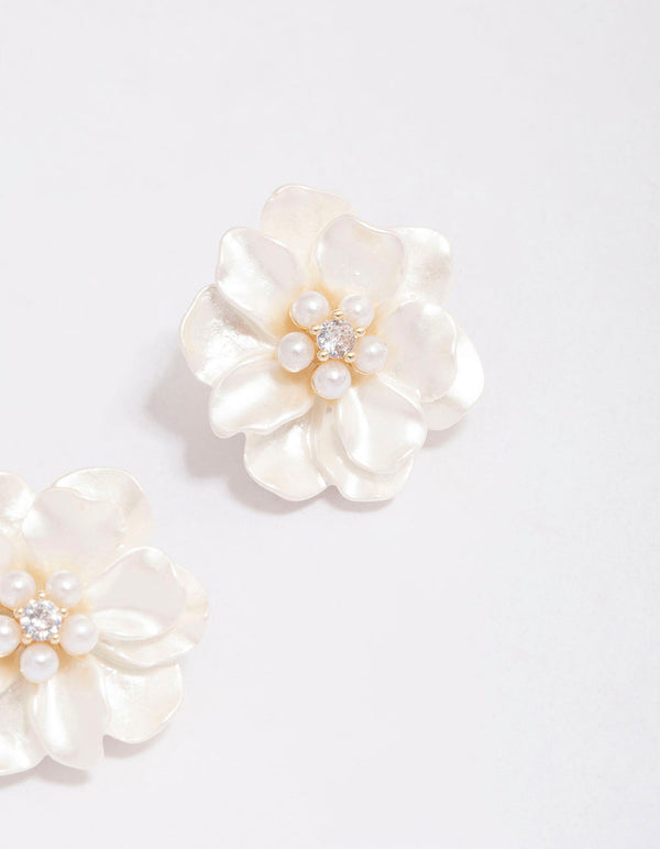 Gold Plated White Flower Cubic Zirconia Stud Earrings