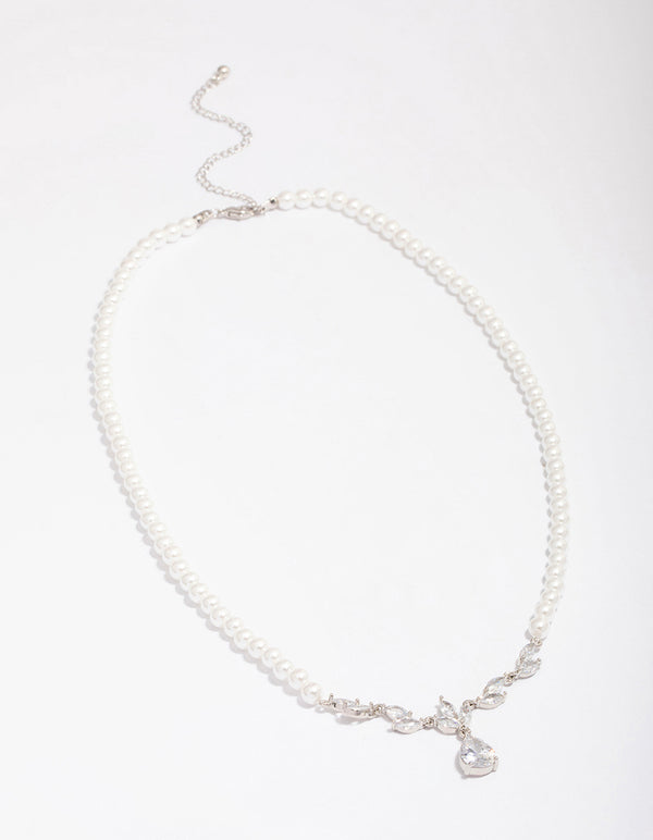 Silver Plated Pearl Strand Cubic Zirconia Vine Necklace