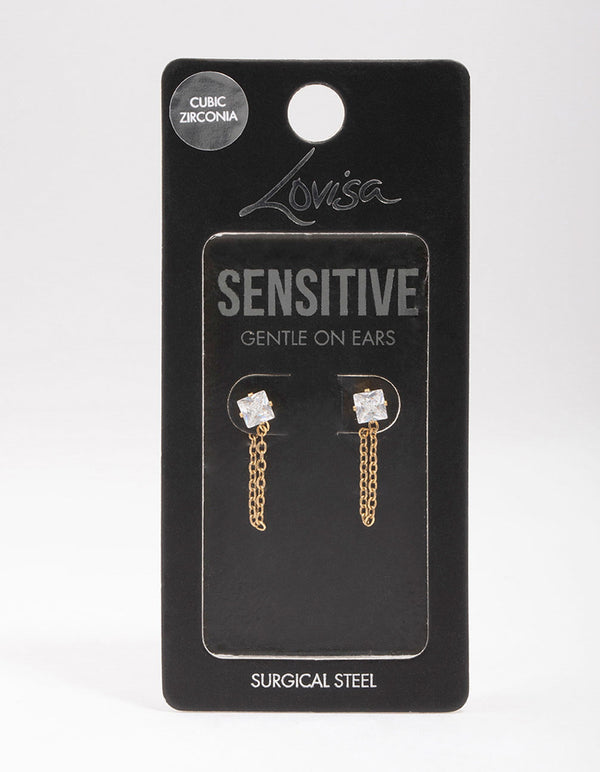 Gold Plated Surgical Steel Square Cubic Zirconia Chain Drop Earrings