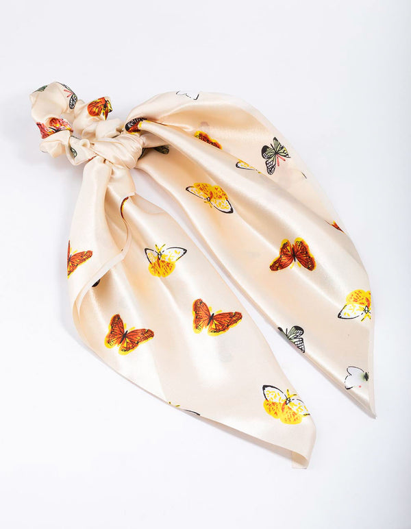 Cream Fabric Mixed Butterfly Satin Scarf