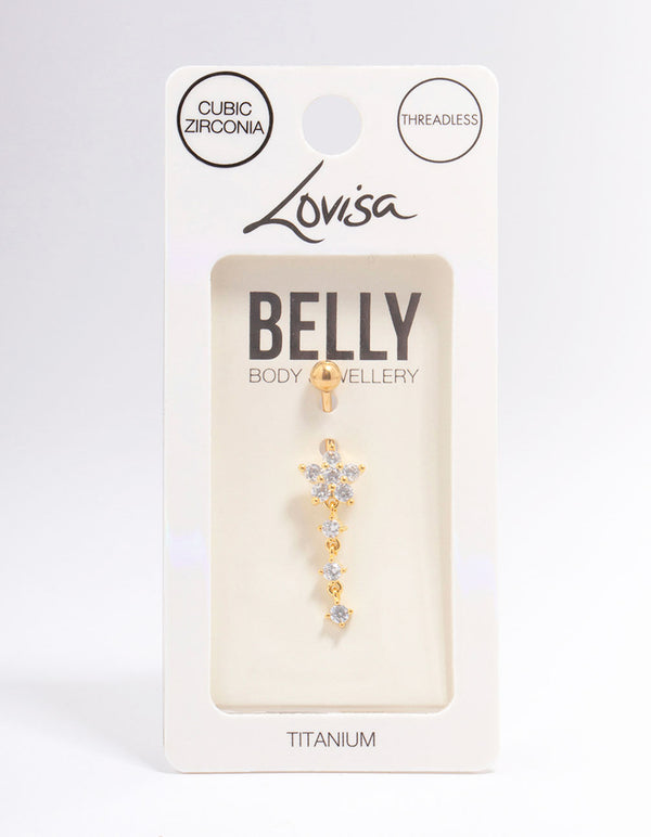 Gold Plated Titanium Cubic Zirconia Flower Belly Bar