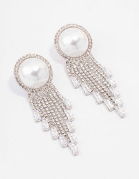 Silver Oversized Pearl Cup Chain Diamante Earrings - link has visual effect only