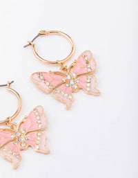 Gold Small Butterfly Pendant Drop Hoop Earrings - link has visual effect only