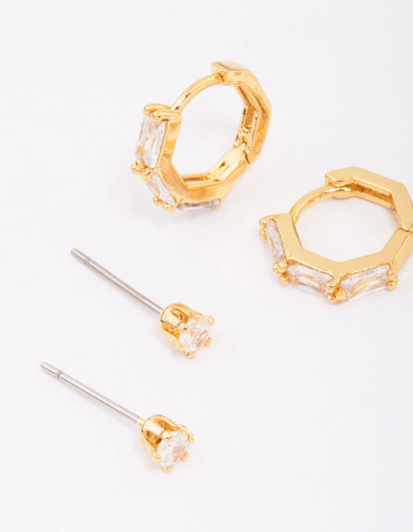 Gold Plated Brass Baguette Gold Ball Earring 6-Pack