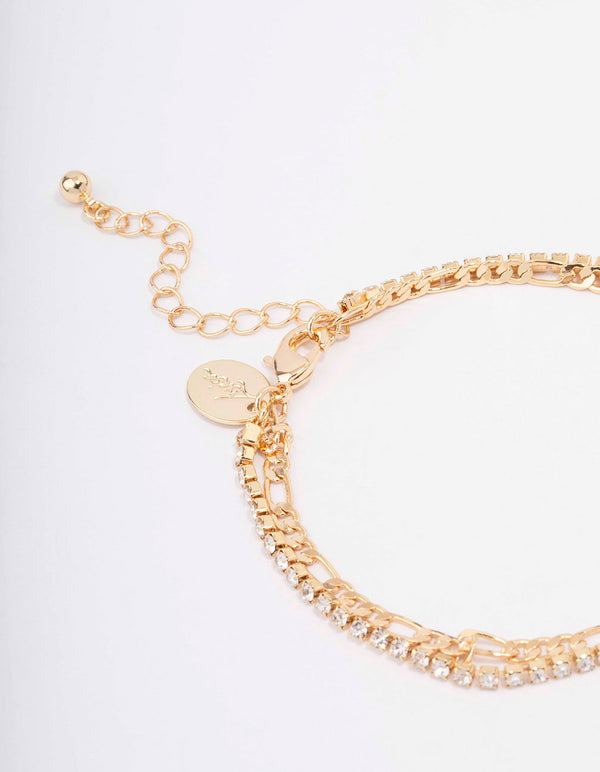 Gold Plated Brass Double Chain & Crystal Bracelet