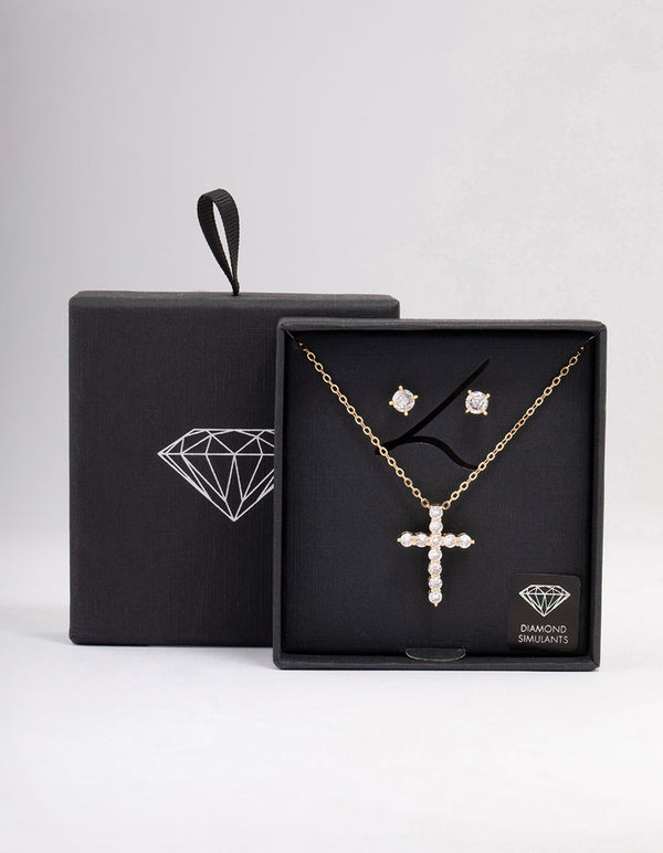 Gold Large Round Cubic Zirconia Cross Jewellery Set