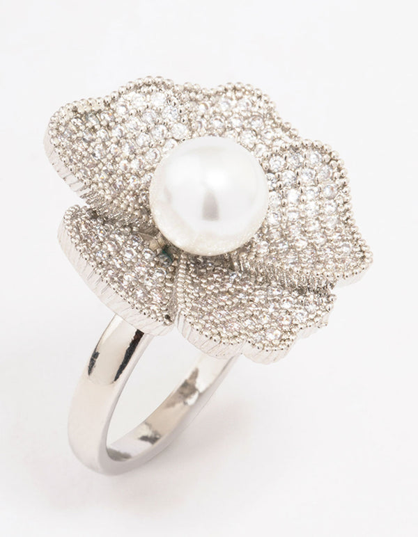 Silver Large Flower & Pearl Ring