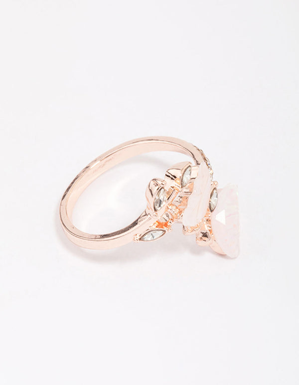 Showcasing a rose gold butterfly wrap ring with chunky styling side detail view