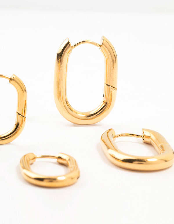 Waterproof Gold Plated Stainless Steel Square Oval Hoop Earrings 2-Pack