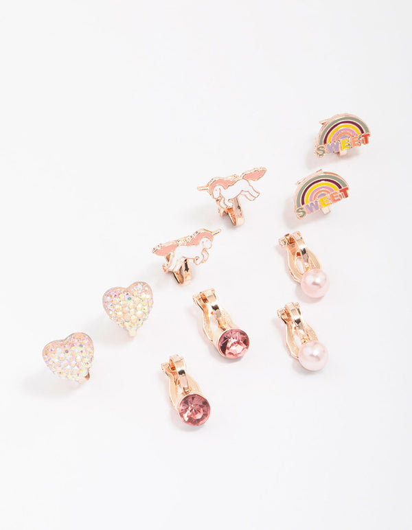 Kids Rose Gold Unicorn Clip-On Earrings 5-Pack
